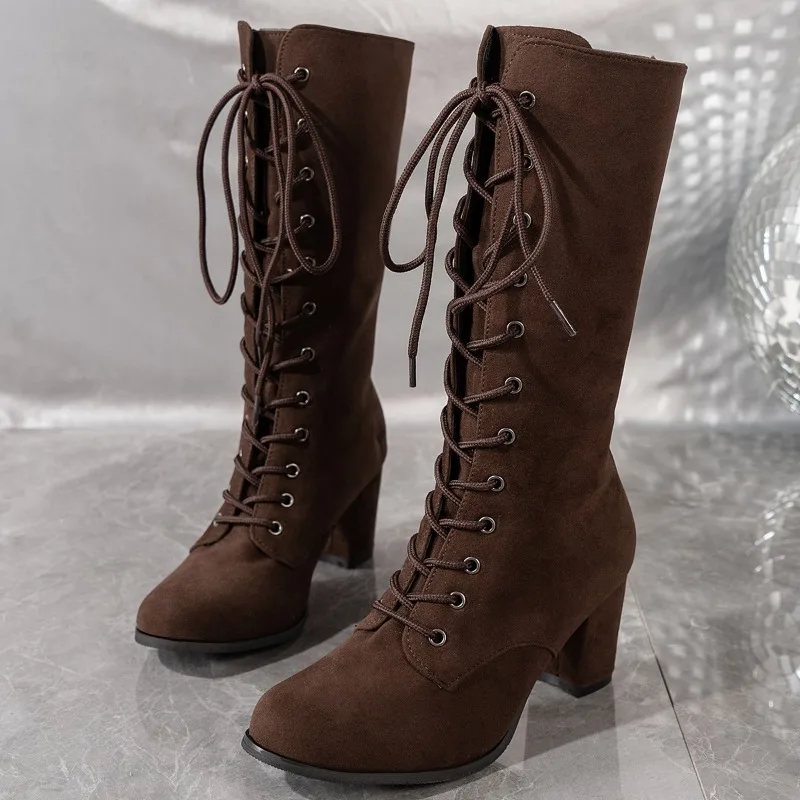 Womens Boots Fashion Vintage Lace-up Women Shoes Round Cowboy High Heels Booties 2024 Winter Vintage Retro Mid-Calf Thick Casual