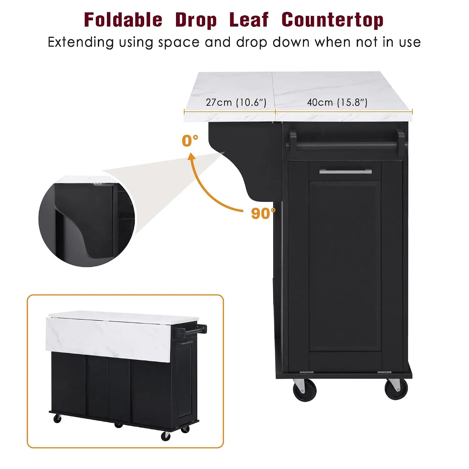Kitchen Island Cabinet Marble Top Cart Wheels Drop Leaf Spice Towel Rack Shelf Trash Storage Dining Room, Customized image 6