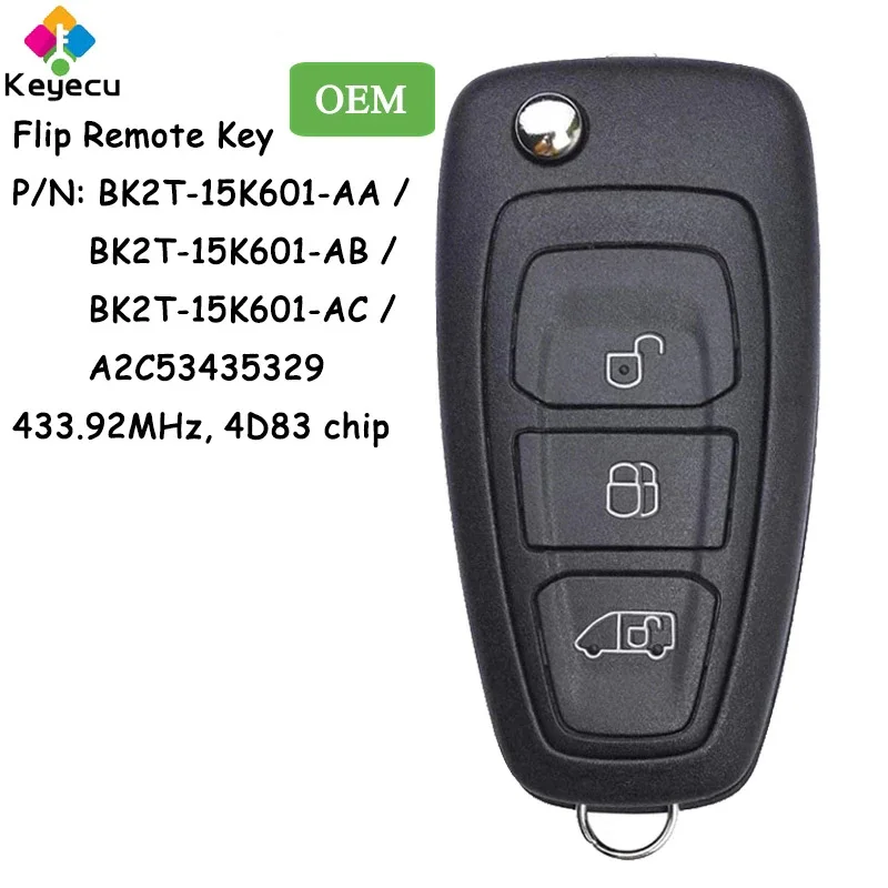 KEYECU OEM Flip Remote Control Key With 3 Buttons 433MHz 63 Chip for Ford Transit/ Transit Custom 2012+ Fob BK2T-15K601-AA AB AC