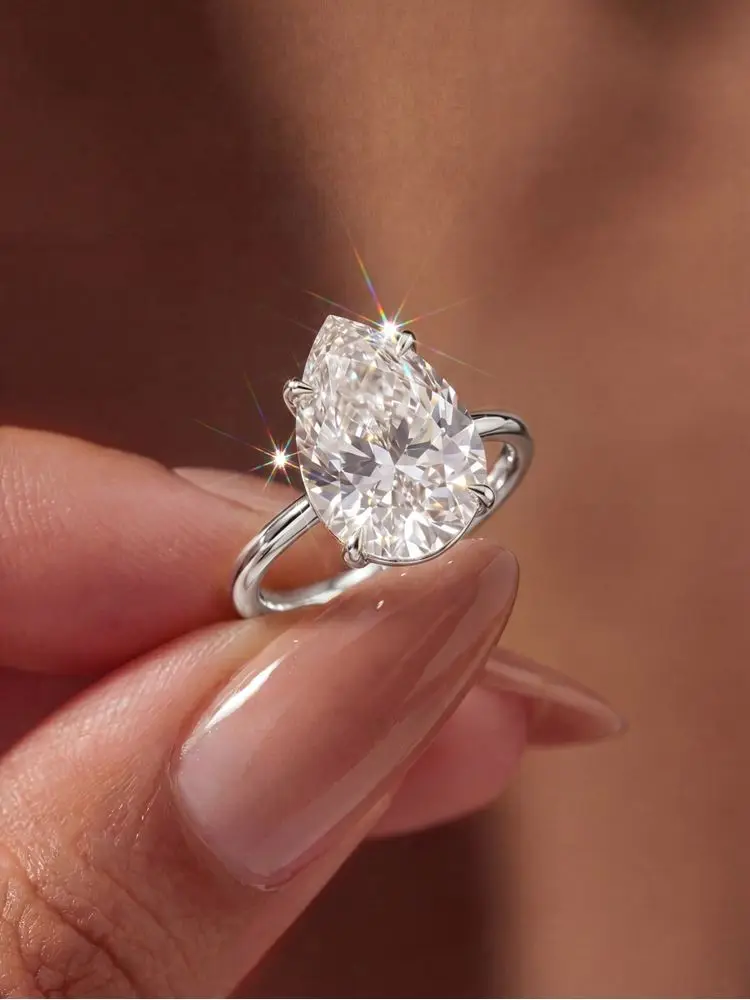 Simply Fashioned 1-2CT Water-Drop Zircon Smooth Ring For Women Anniversary Wedding  Engagement High Quality Trendy Jewelry