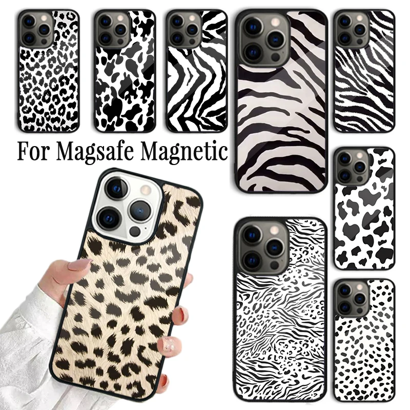 Phone Case For iPhone 16 15 14 13 12 11 Pro Max Plus Magsafe Magnetic Wireless Charging Black white Dalmatian Cow zebra texture