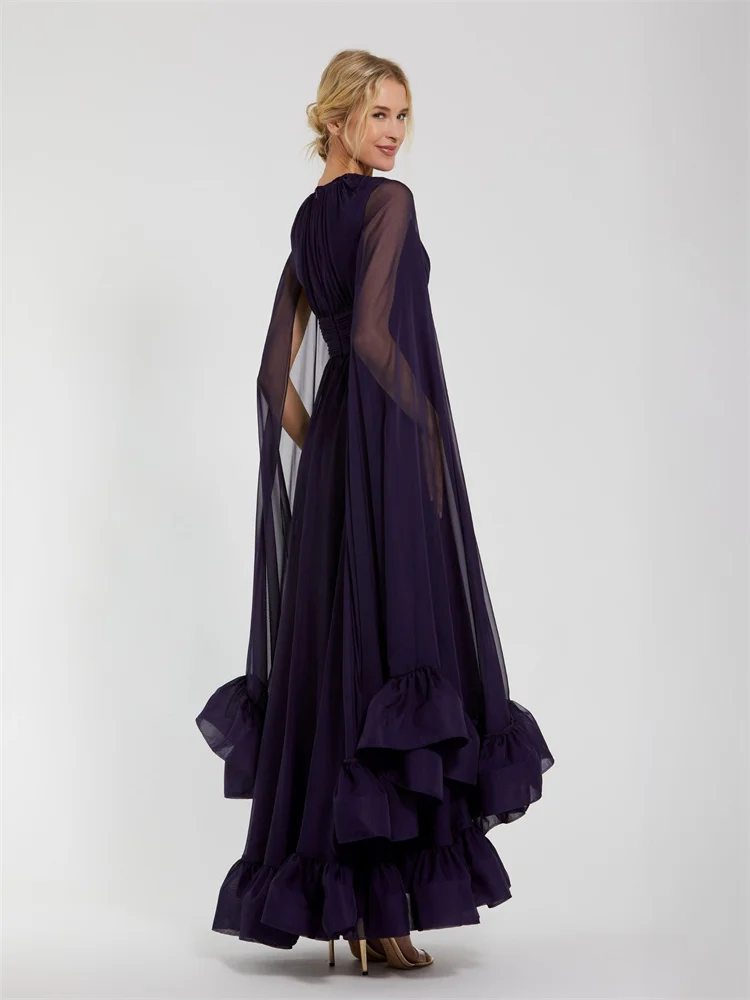 New Arrival Keyhole Neckline Long Cape Sleeves Straight Chiffon Evening Dress Elegant Back Zipper Floor Length Gown For Women