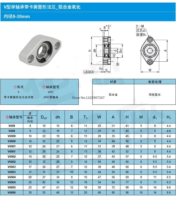 V-Flange Bearing Housing Components Diamond Shuttle Aluminum Alloy Screw Rod Optical Axis Fixed Support