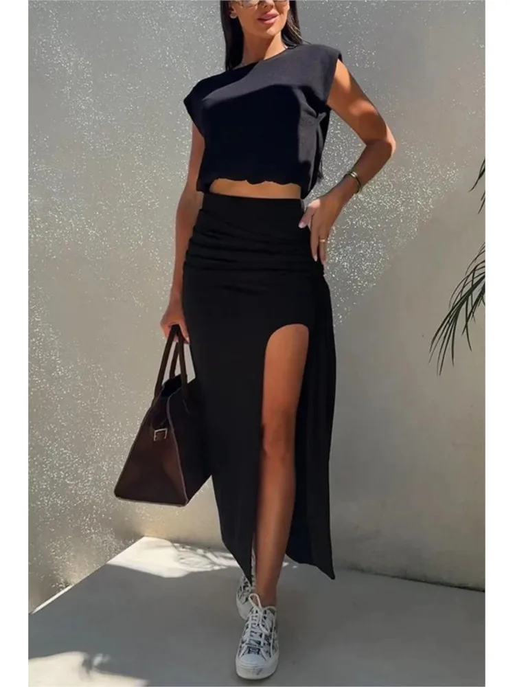 

2026 New Summer And Spring Round Neck Sleeveless Mid-length Slit Skirt Two-piece Set Elegant Fashion Casual Commuting Style