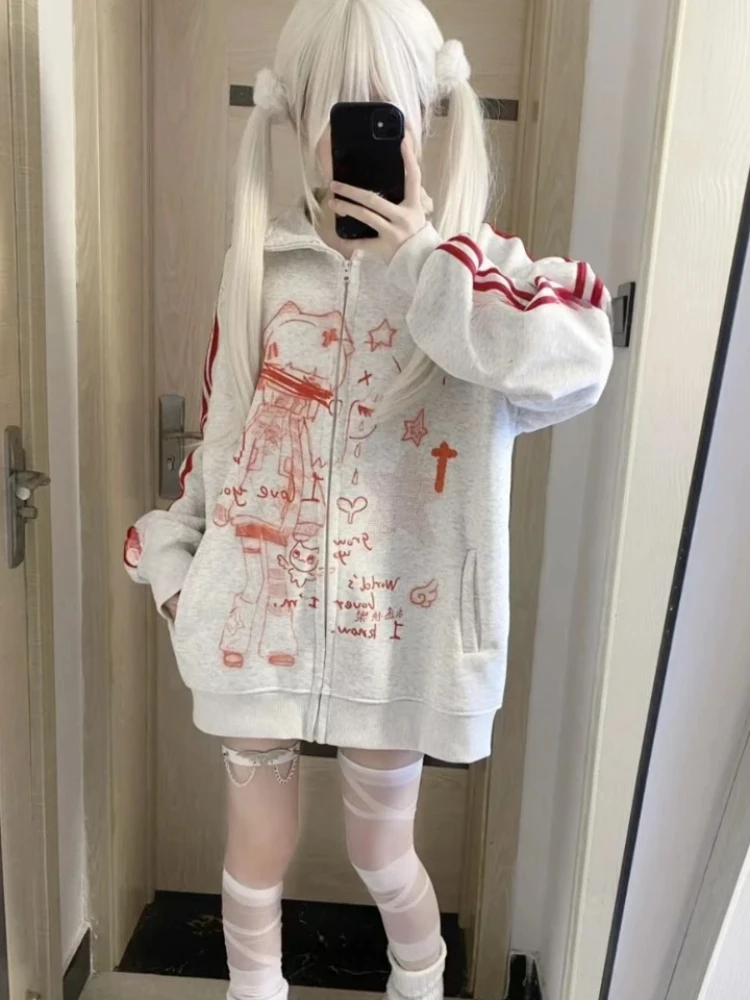 

Japanese Y2K American Neck Sweatshirts Cute Girl Style Striped Anime Zipper Shirts Harajuku Casual Street Clothing Loose Jacket