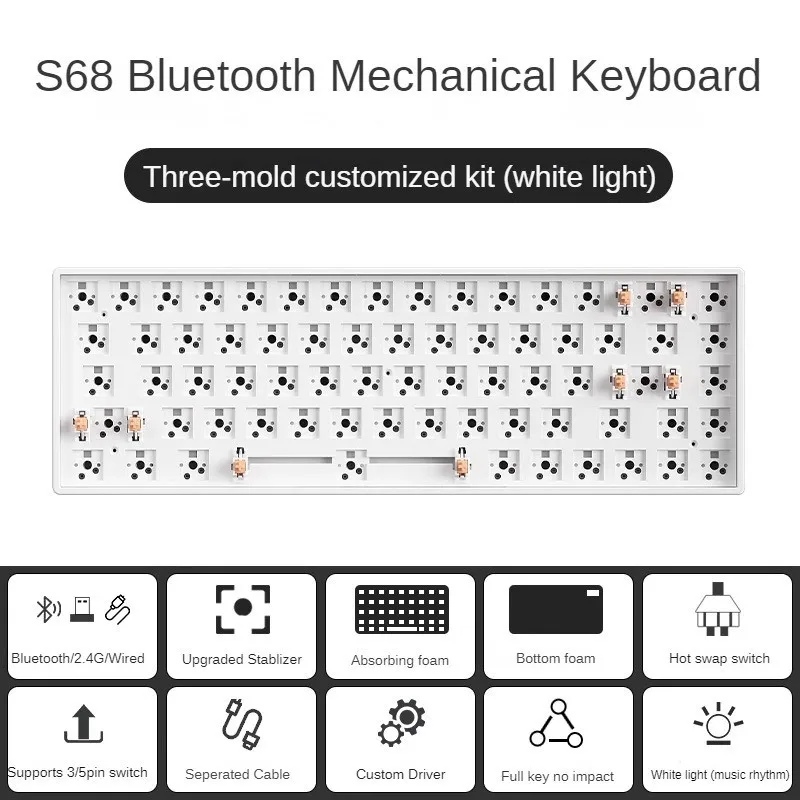 Imagem -02 - Mathew Tech-kit de Teclado Gaming Mecânico Luz Branca Três Mode Barebone 68 Chaves 65 Layout Layout Faça Você Mesmo S68