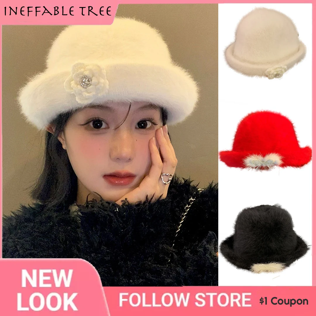 

Korea Blogger Rabbit Fur Flower Fisherman Hats for Women Autumn Winter Curling Brim Hat Big Head Circumference Panama Bonnet