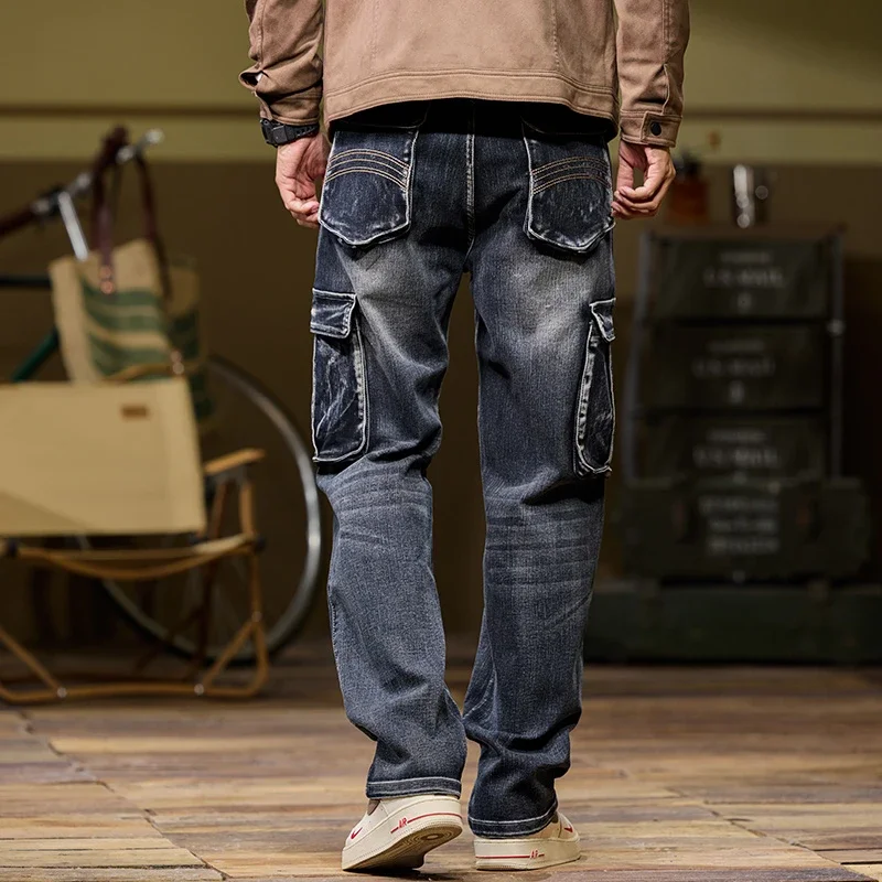 2025 Herren neue elastische amerikanische Retro-Multi-Pocket-Arbeiter für Denim-Herrenhosen, lockere, große, dreifarbige Hosen