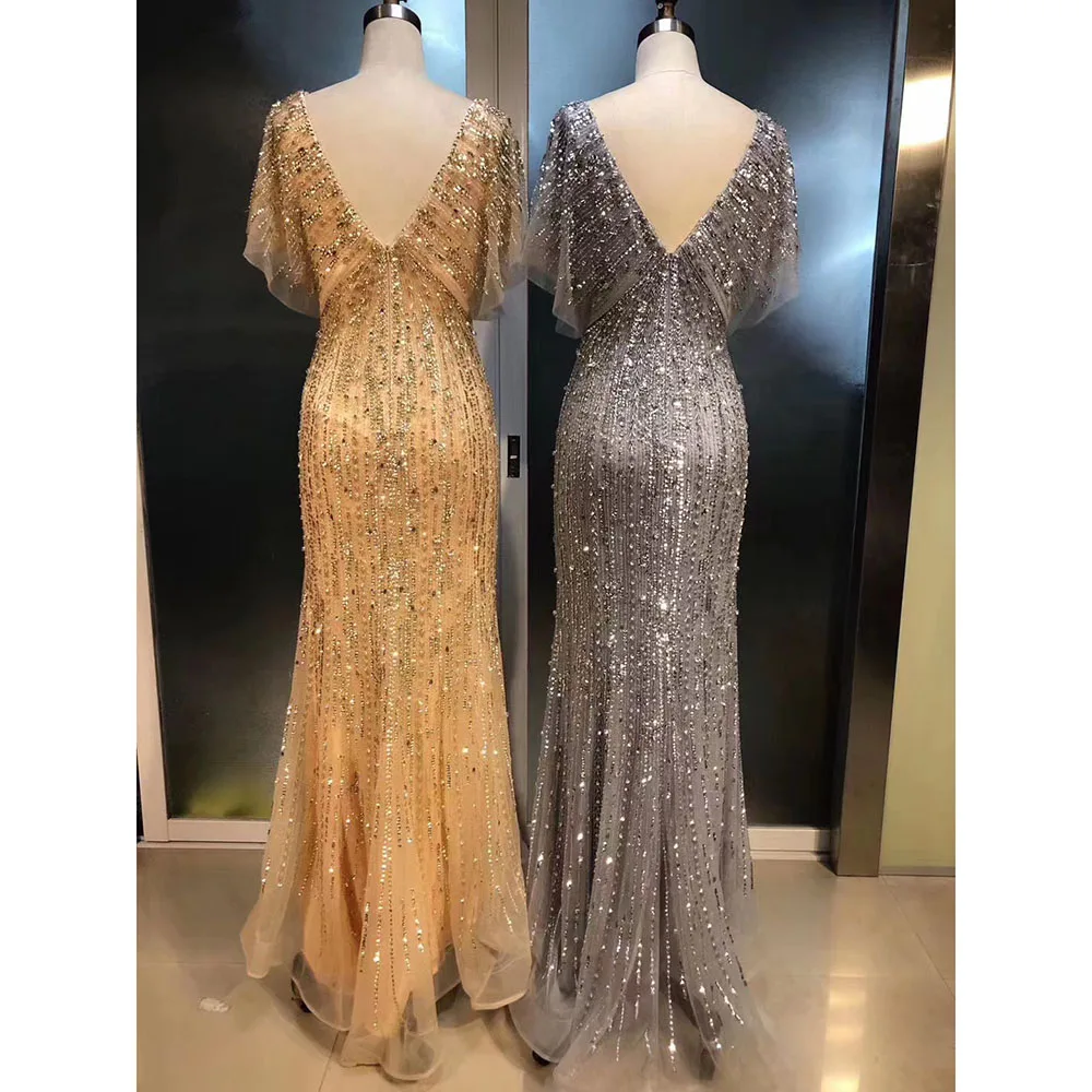 Luxury Dubai Mermaid Evening Dress for Women 2023 Elegant Beads Sequin Handmade V Neck Long Formal Prom Wedding Party Gowns