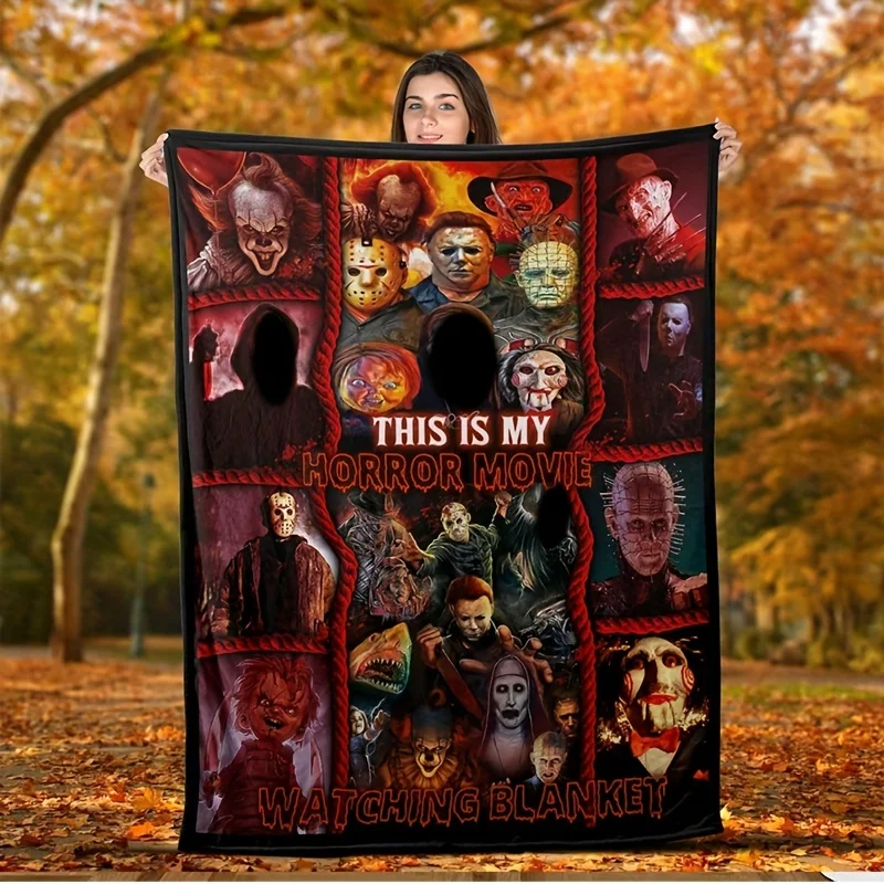 

Terror Movie Themed Flannel Blanket Soft Warm Suitable for Living Room Sofa Gift for Family Christmas Horror Theme Decoration