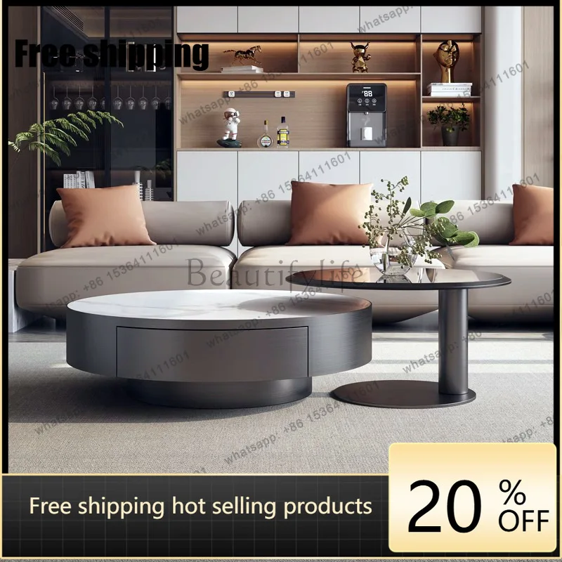 

Italian light luxury wabi-sabi wind storage box modern simple stainless steel round rock slab coffee table