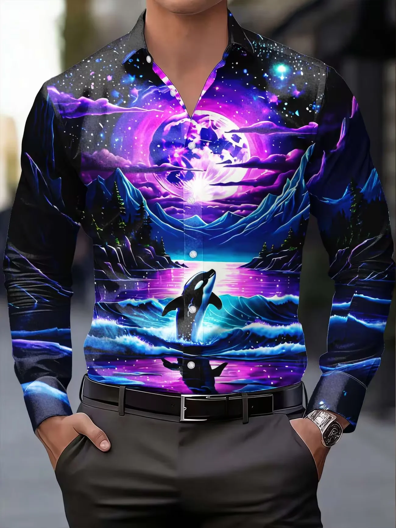 New Black And White Contrasting Notes Splashed Ink Print Men's Long Sleeved Shirt Artistic Style Casual Shirt