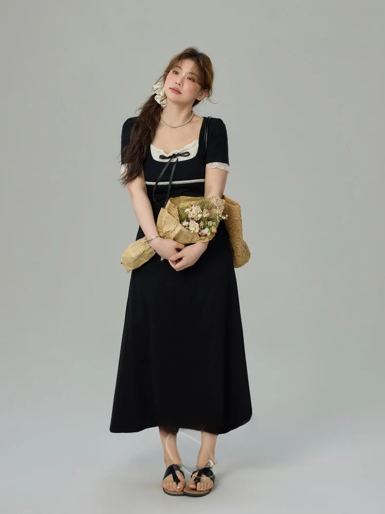 

Женское длинное платье больших размеров с кружевной отделкой и узлом, коротким рукавом, квадратным вырезом, утягивающее талию, с эффектом похудения, А-силуэт