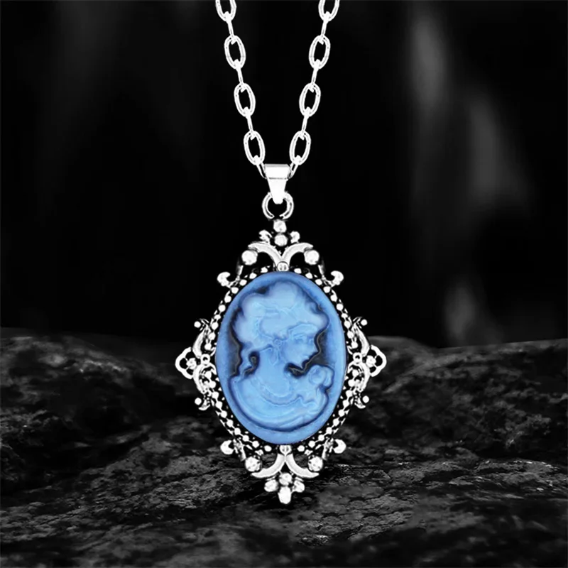 6 Colors Vintage Gray Pink Lady Queen Cameo Necklace For Women Antique Silver Plated Flower Pendant Fashion Cameo Chain Necklace