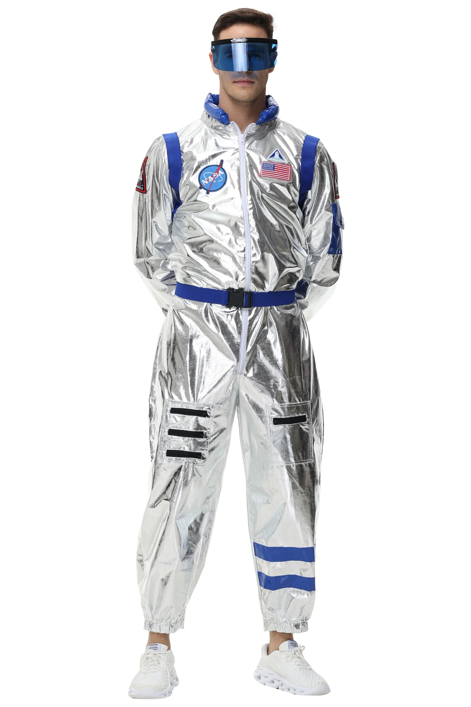 Halloween Stage Performance American Astronaut Cosplay Jumpsuit Silver Spaceman Costume Holiday Party Parent-Child Facy Dress