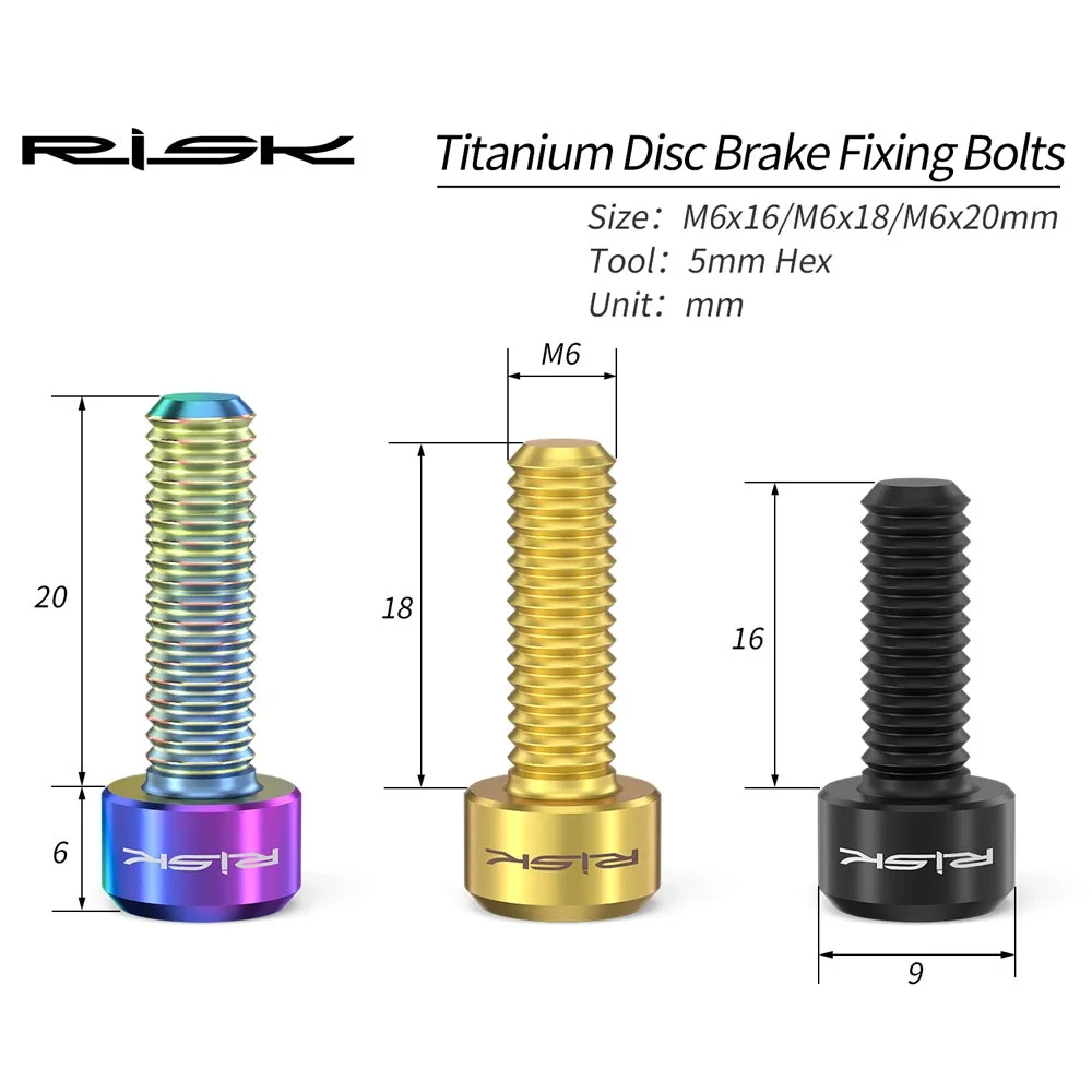 Risk Bicycle Disc Brake Caliper Bolts,Titanium Alloy M6x16/18/20mm Screws, Bike Disc Brake Fixing Bolt, MTB Road Bicycle Screws