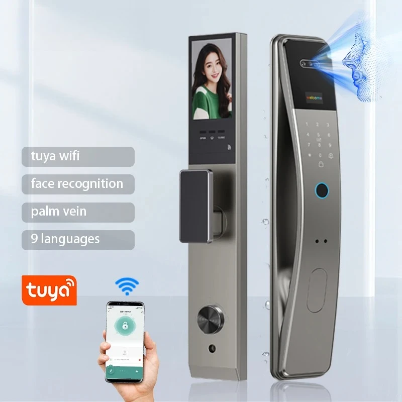WiFi Smart Door Lock With Fingerprint Face Recognition Palm Vein Biometric Keyless Lock Aluminum Door 9 Languages For Home