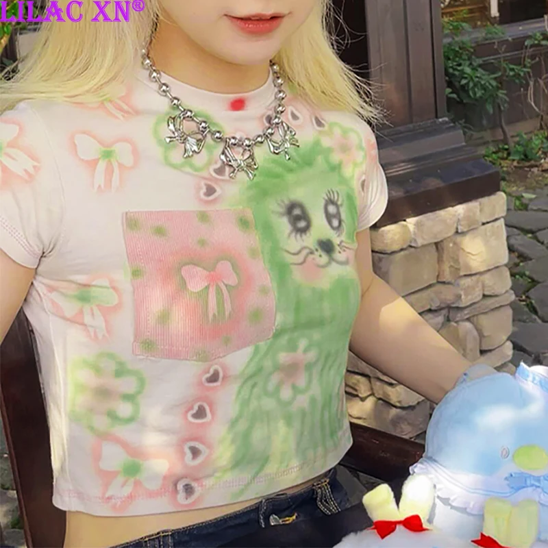 Y2K Sexy Gauze Cat Printed T-Shirts Goth Aesthetic Vintage Black Lace Mesh See Through Crop Tops Summer Women Tees Streetwear