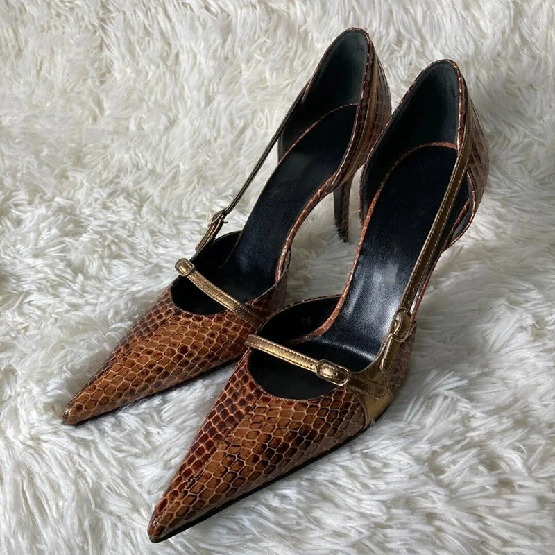 Spring and summer new pointed side hollow snake pattern splicing single shoe banquet dress slim heel high-heeled women's sandals