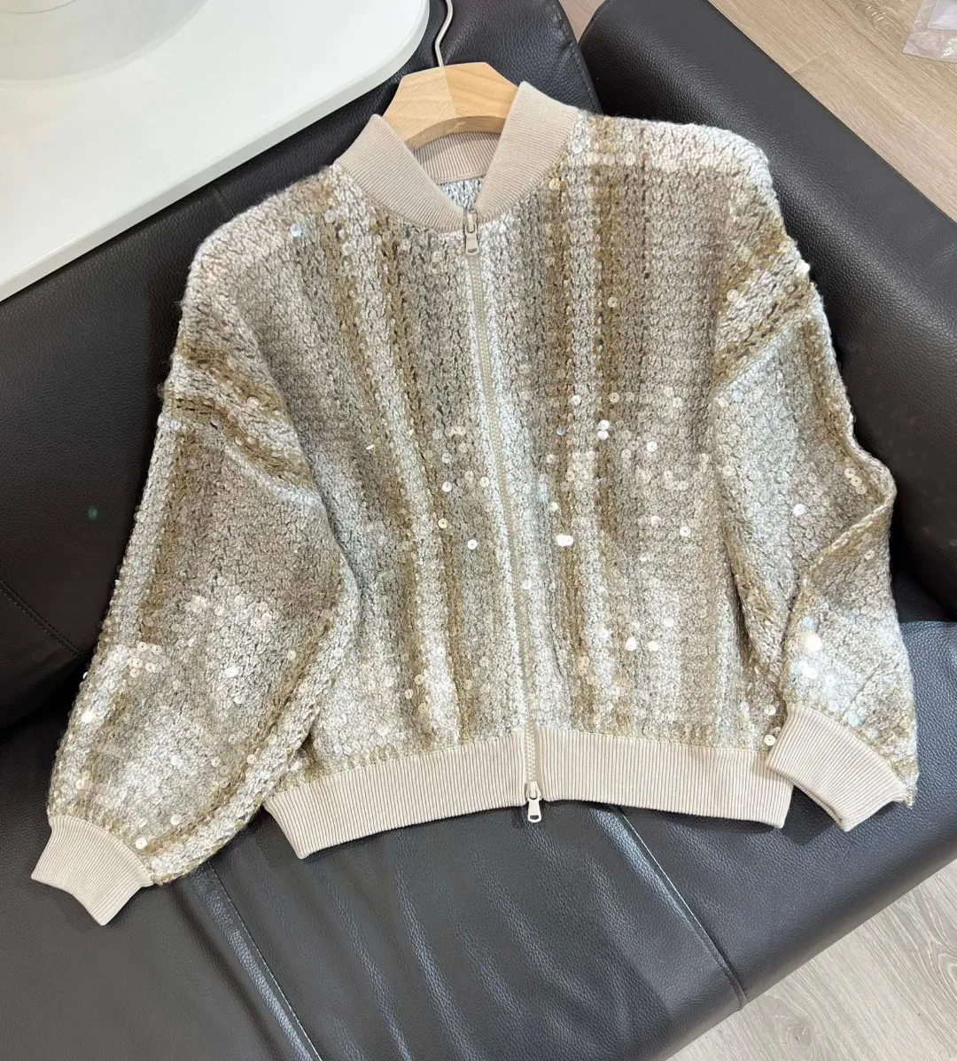 Autumn B*C Women\'s Sequins Bright Embroidery Pilot Knitted Jacket Coat Luxury Casual Elegance Clothing