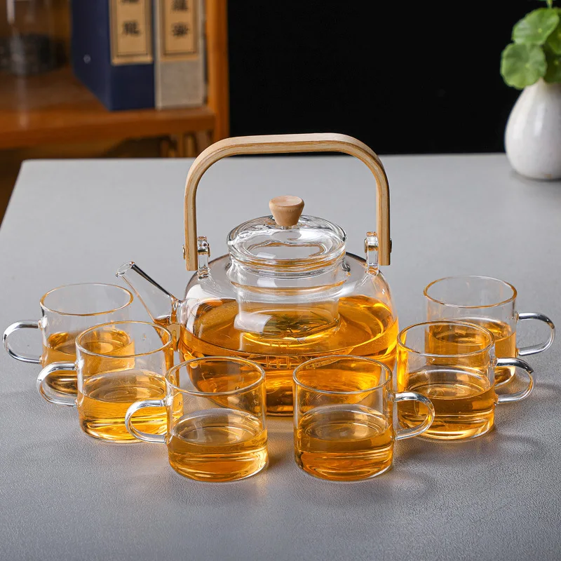 HMLOVE High Boron Silicon Glass Teapot Chinese Tea Ceremony Transparent Teawear Set Cup Filter Wood Handle Tea Pot 900ML