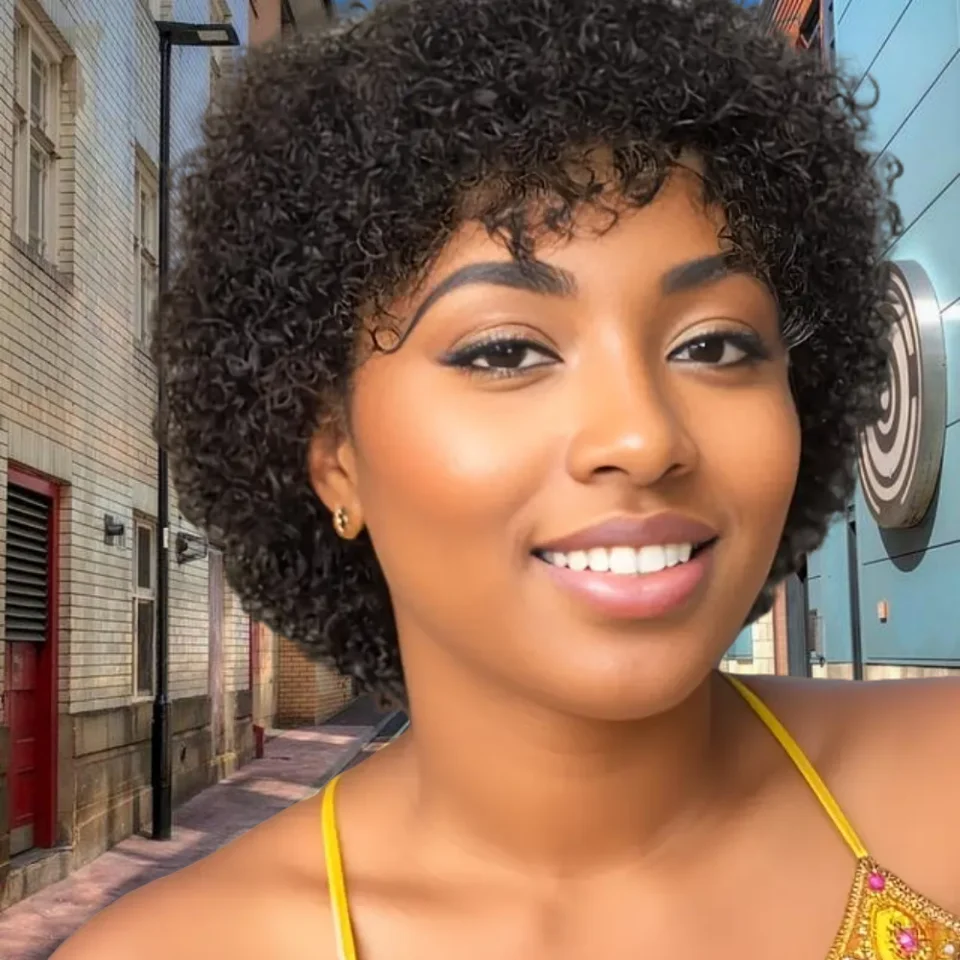 흑인 여성용 짧은 곱슬 가발, 인모 아프로 곱슬머리, 전체 기계 제작 가발