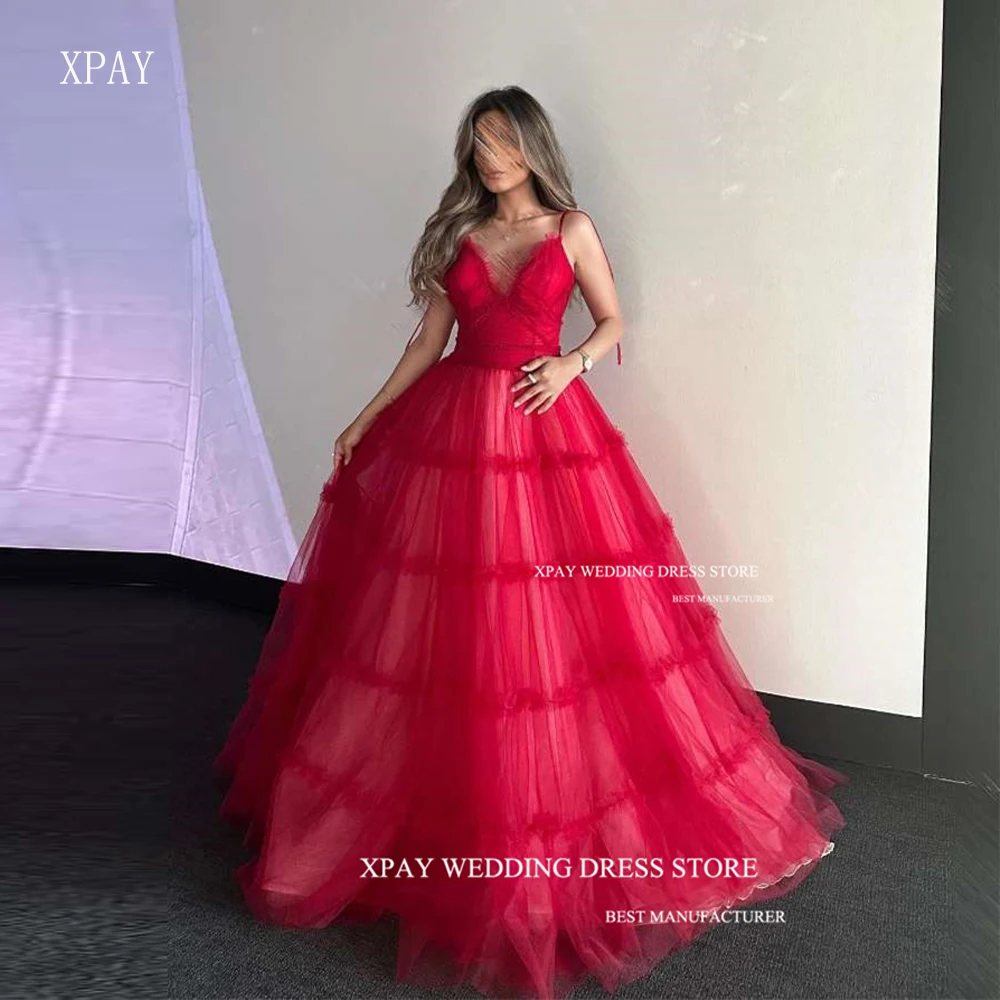 

XPAY Red Tulle Soft A Line Evening Dresses Saudi Arabic Women Spaghetti Straps Tiered Floor Length Prom Gowns Formal Party