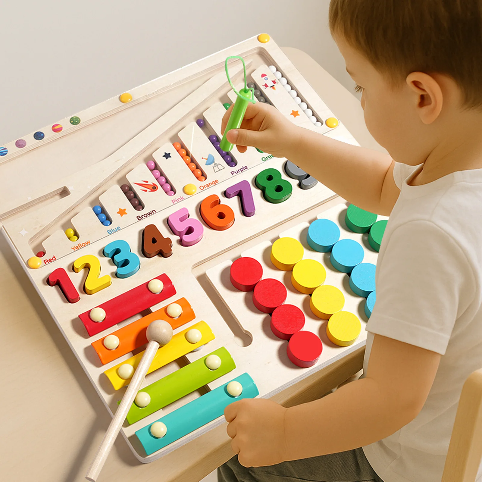 Aides pédagogiques Montessori pour l'éducation précoce, multifonction, quatre en un, perles éducatives, labyrinthe, jouets en bois pour bébés et enfants