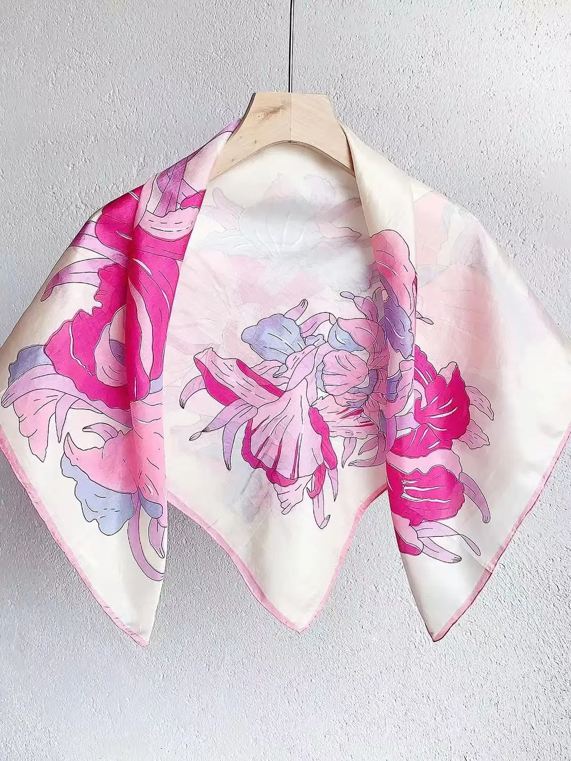 

2026 Women's Large Floral Print 100% Silk Square Scarf Pink and White Watercolor Flower Neck Scarf Head Wrap for Daily Use
