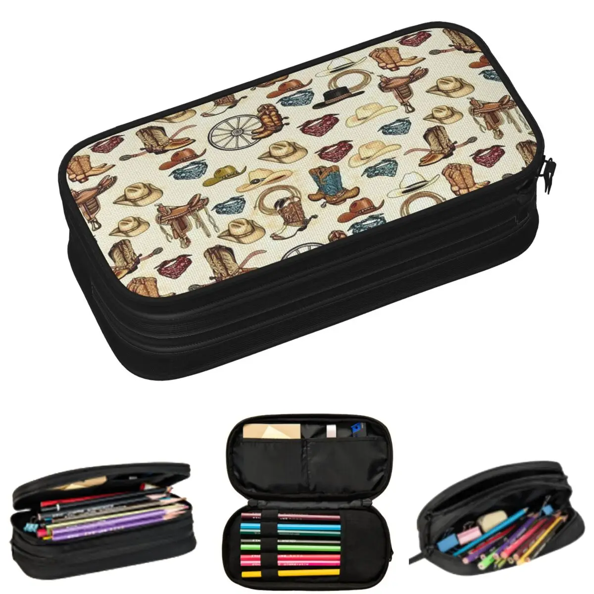

Western Cowboy Elements Pattern Pencil Cases for Students School Pen Box Pencil Bag Big Capacity Pencil Pouch