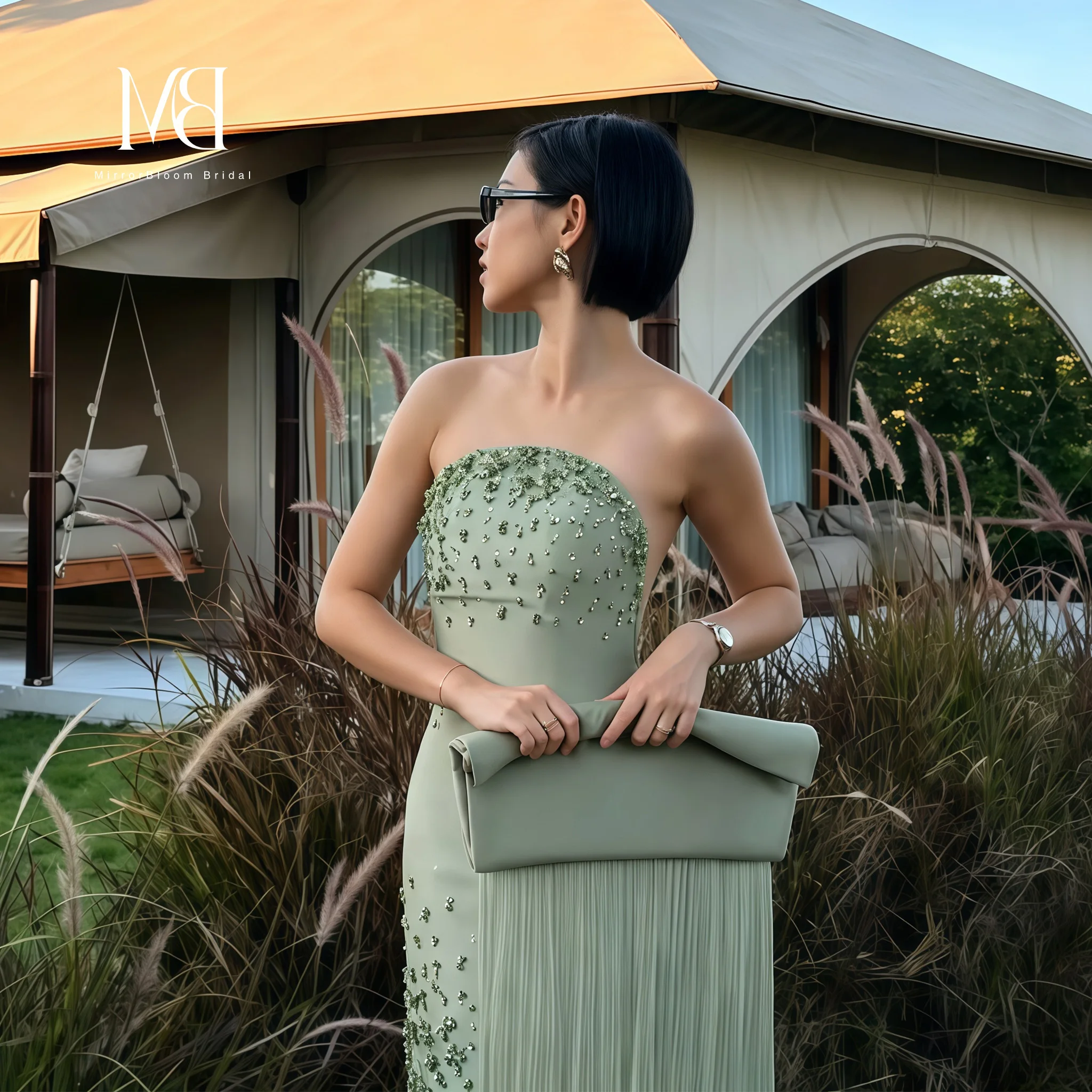 Green Satin Strapless Mermaid-Style Floor-Length Formal Ball Gown with Tassels And Beading Women's Evening Dress image 4