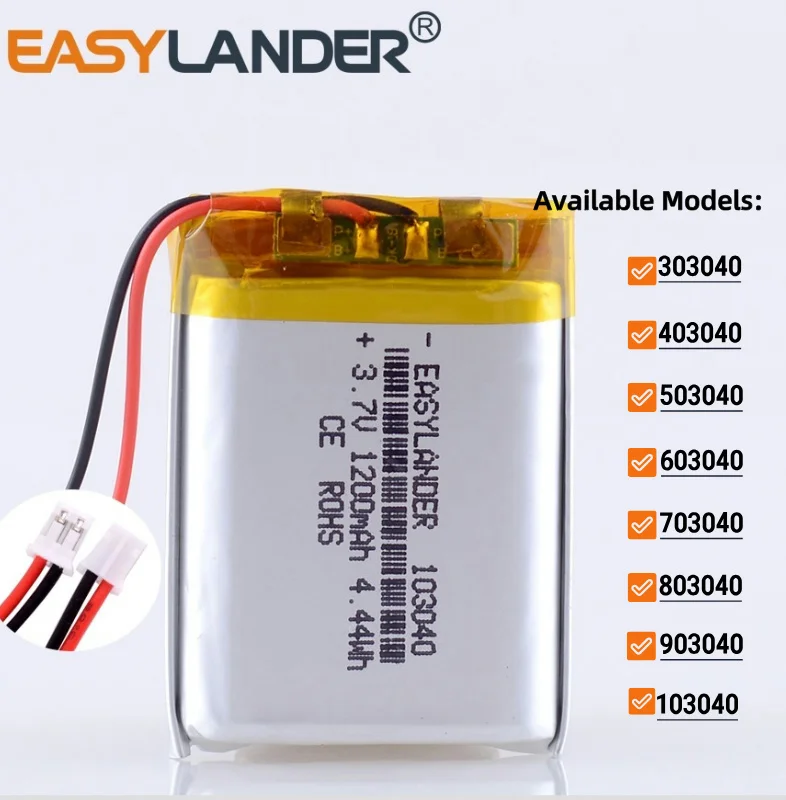 JST2.0 2P 803040 3.7V 1000mAh 303040 403040 503040 603040 703040 903040 103040 1200mAh 123040 Lithium ion Polymer Battery
