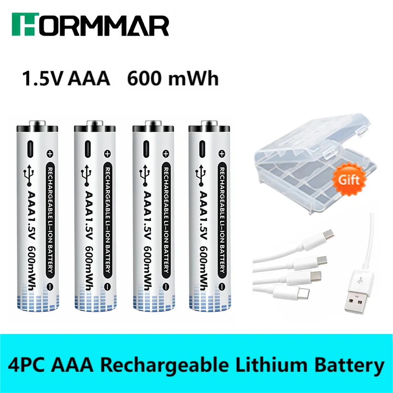 HORMMAR 1.5V 600mWh USB Li-ion Aaa Battery AAA Rechargeable Battery 3A 1.5Volt Lithium Batteries Toys Camera Flashlight Clock