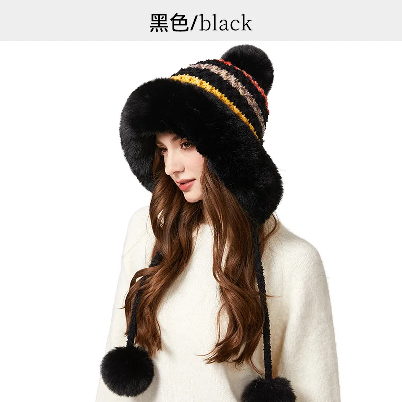 Women's Faux Fur Knitted Hat Autumn Winter Warm Striped Knit Earflap Cap Cute Outdoor Skiing Hat