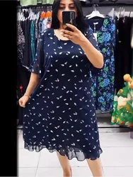 Fashion Print Midi Dress Summer Round Neck Short Sleeve Casual Loose Dress Elegant Women Splice Chiffon A Line Dresses Vestidos