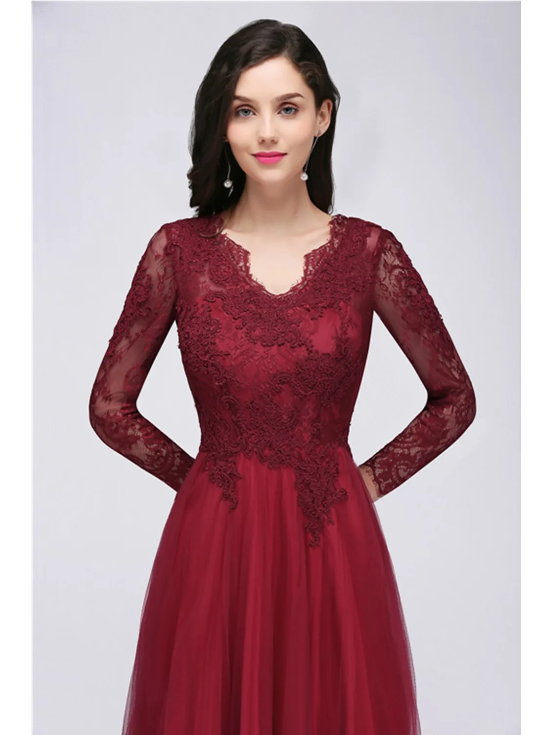 Sexy V Back Tulle Evening Dresses with Linning Burgundy Long Sleeve Lace A Line Female Prom Party Bridesmaid Maxi Gowns