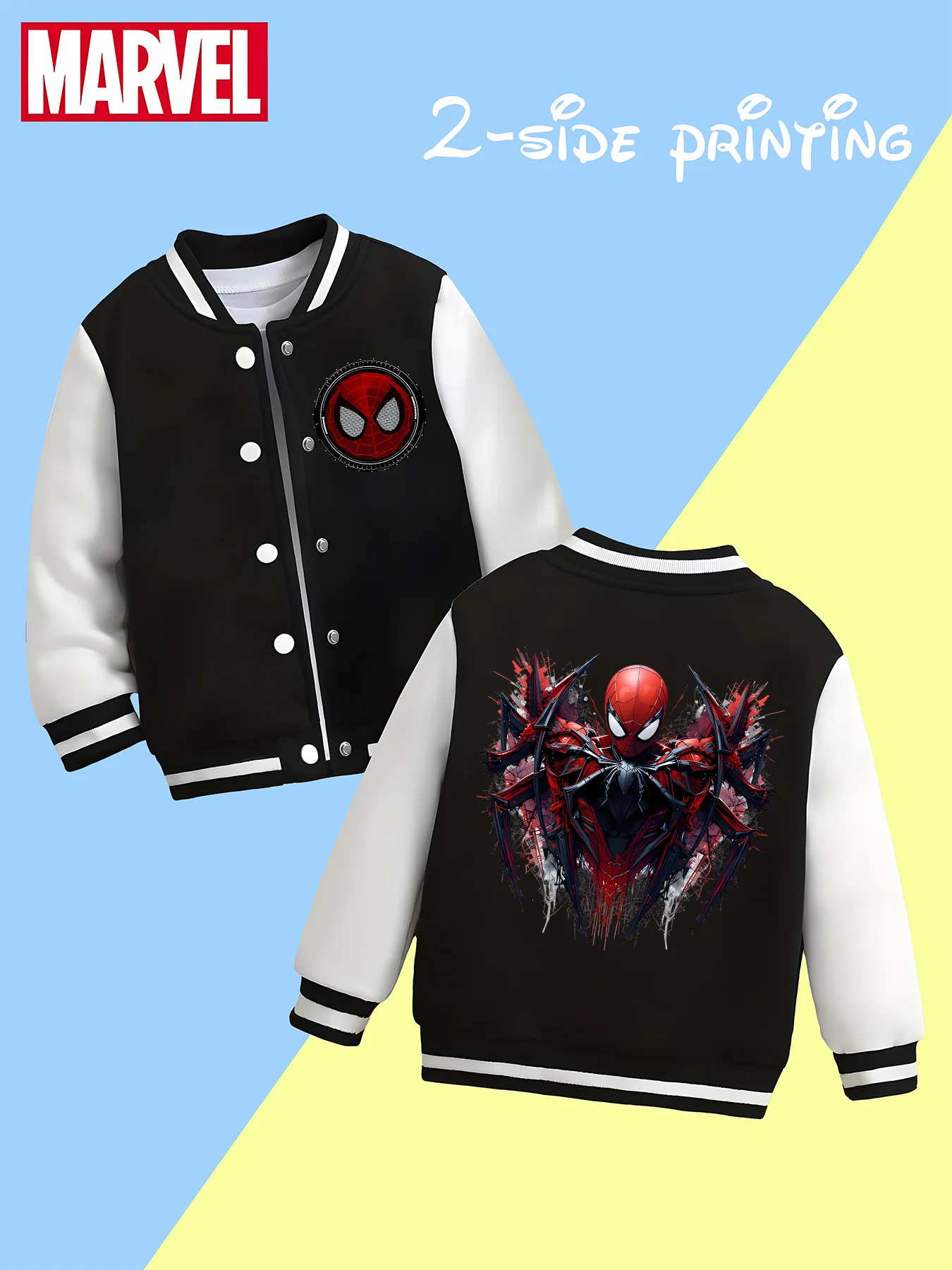 

MINISO Marvel Boys Baseball Jacket - Spider-Man Mechanical Armor Classic Black and White Splicing Soft Fabric Trend