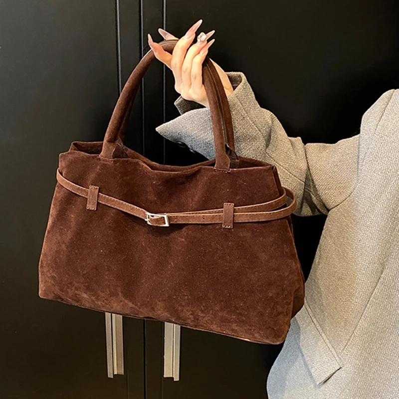Schnalle Dekoratives Design Solide Faux Wildleder Handtasche Große Kapazität Haspe Casual Tote Heißer Verkauf Taschen für Frauen Bolsas Femininas – Detail 3