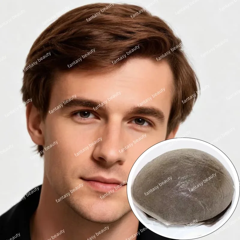 # 610 # 620 بني كستنائي مع رمادي 100% شعر مستعار بشري اصطناعي للرجال 90%-100% كثافة 0.02 مللي متر جلد رقيق للغاية شعر مستعار كامل من البولي يوريثان