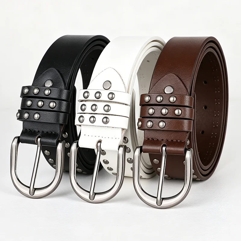 2026 New Y2K Punk Studded Belt for Men Women, Vintage Triple Row Rivet Pin Buckle PU Leather Belt, Western Streetwear Accessory