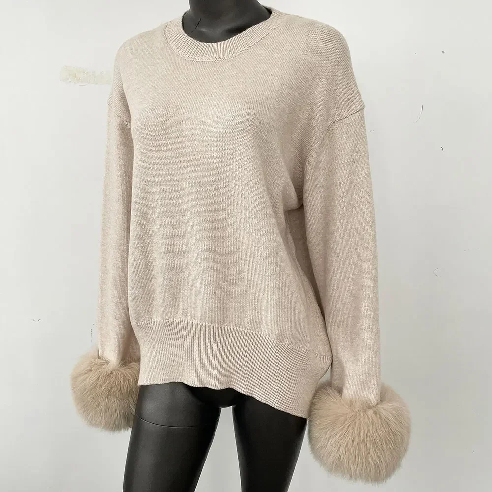 OFTBUY European American New Autumn Winter Knitted Sweater O-neck Loose Solid Color Sweater Detachable Real Fox Fur Cuff Sweater