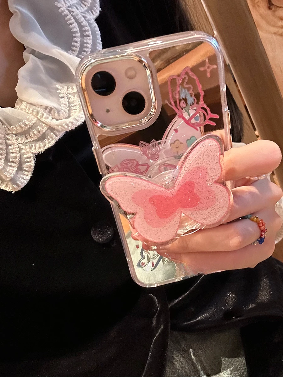 Mirror Glitter Powder Butterfly  with Holder   Phone Case for  Iphone15 14 13 12 11 Promax Shockproof Luxury Beautiful  Cover