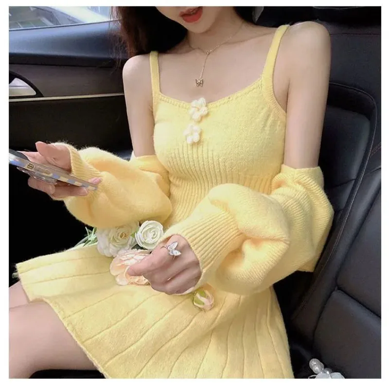 2025 New Spring Autumn Sweet Spicy Cardigan Sweater Coat+Suspender Knit Dress Women's Clothing Sweet Sexy Slim Knit Dress Set