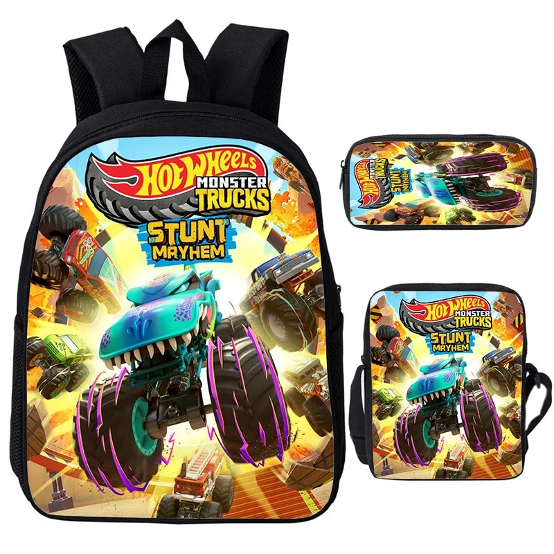 

3pcs Set Hot Wheels Backpack School Bags Boy Girls Cool Truck Shoulder Bag Pencil Case Book Bags for kids Boy Girls Best Gift