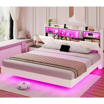 Struttura letto, con testiera portaoggetti e presa di corrente, letto con piattaforma galleggiante con luci a LED, supporto a doghe in legno, letto della camera da letto