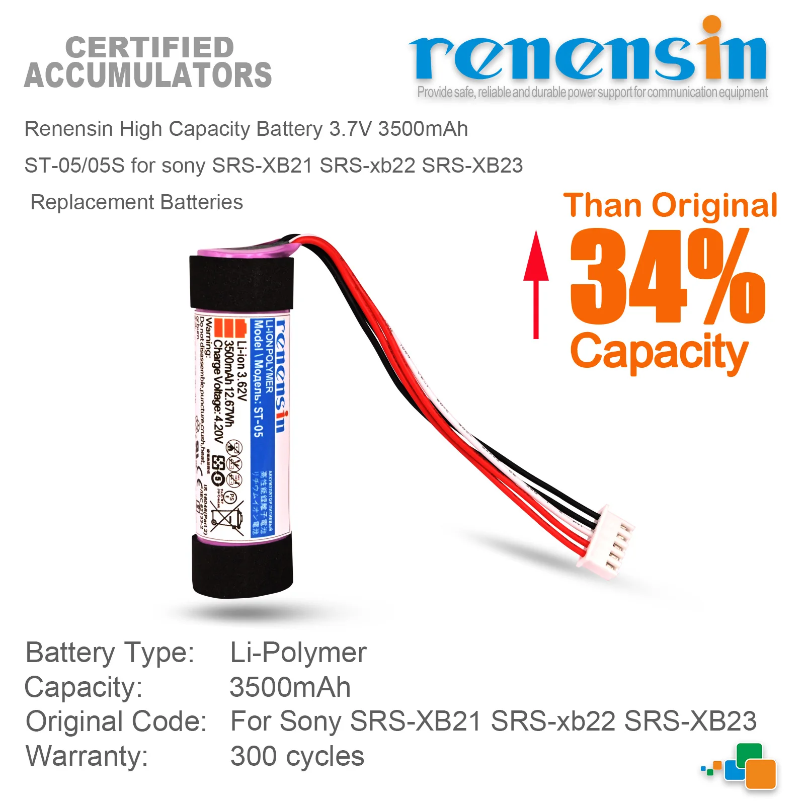 

Аккумулятор высокой емкости Renensin 3,7 В 3500 мАч ST-05/05S для sony SRS-XB21 SRS-xb22 SRS-XB23, сменные аккумуляторы