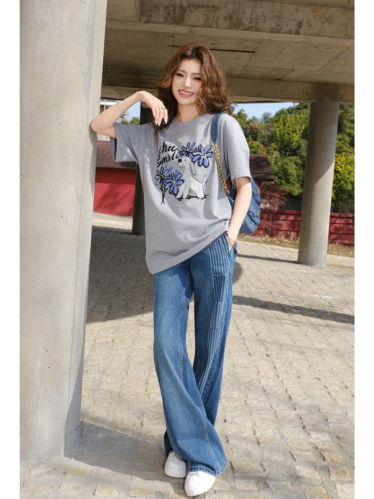 

MIUCO High Waist Casual Denim Pants Women's Loose Fit Laser Etched Stripe Wide Leg Jeans Floor Length Ladies Trousers