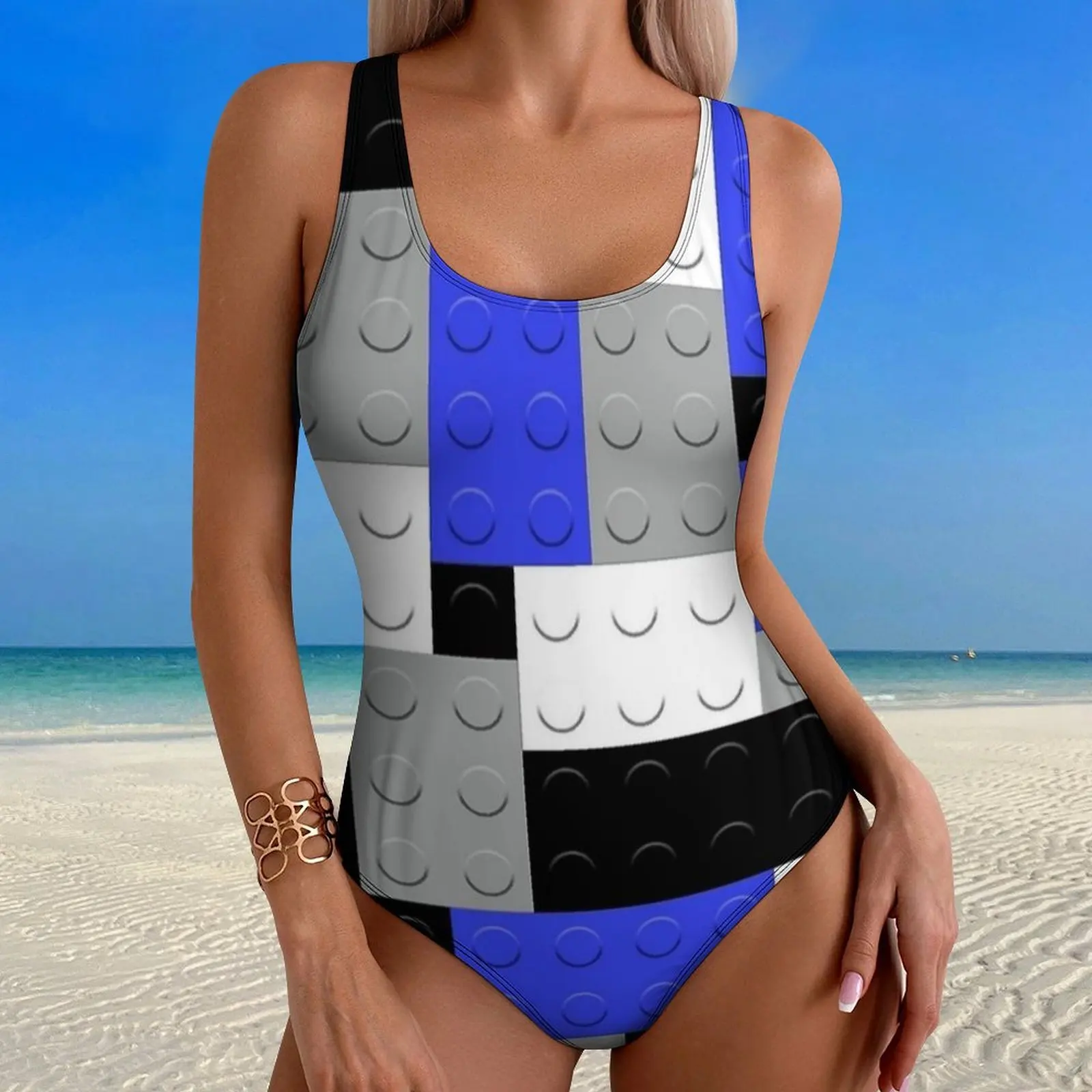 

Black White Gray Blue Building Blocks Bricks Swimsuit Swimwear One Piece Bath Swimsuits Bathing Suits Push Up Sexy Beach Outfits