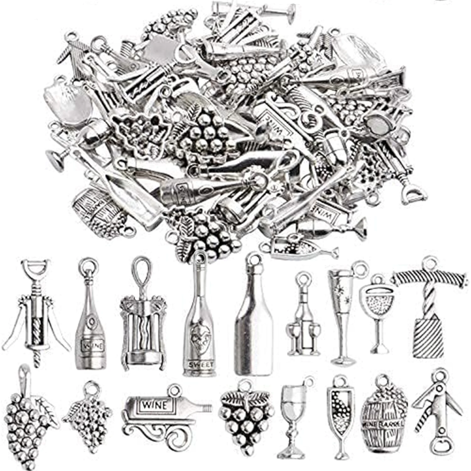68 piezas de abalorios de plata tibetana con forma de botella de vino, abridor de botellas, dijes de vino, accesorios de joyería para collares y pulseras DIY