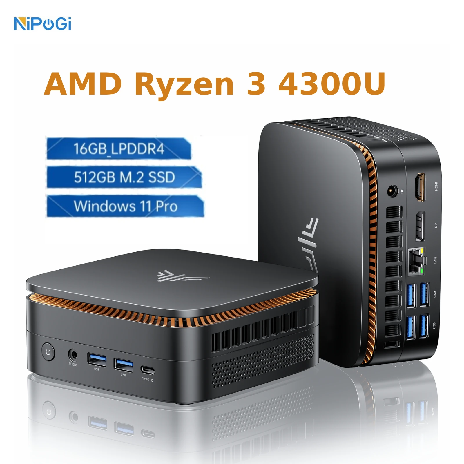 NIPOGIミニPC、AMD Ryzen 3 4300U搭載、16GB LPDDR4、512GB SSD、Windows 11 Pro、デスクトップパソコン、トリプルディスプレイ対応、ホームビジネスPC
